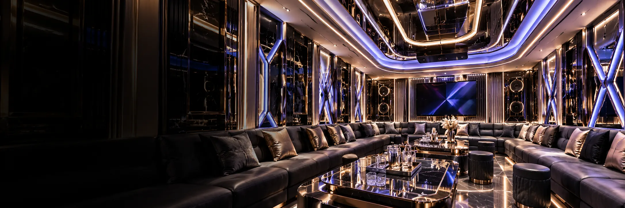 Phòng KTV đèn LED tím, sofa da đen